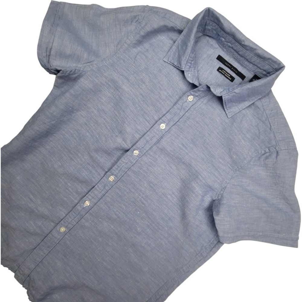 Perry Ellis Men's Short Sleeve Blue Linen Blend Shirt Size Medium